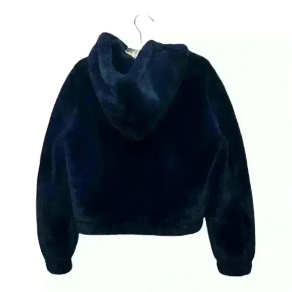 Avec Les Filles Navy Faux Fur Zip-Up Bomber Jacket with Hood, Size XS - Picture 3 of 7